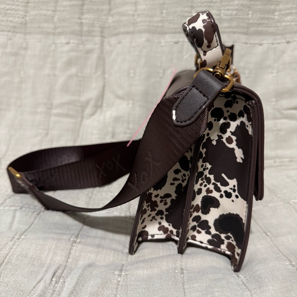 Betsey Johnson Western Brown & Black Cow Crossbody Bag with Heart Accents Charms - Picture 6 of 16